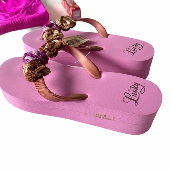 new Lucky Brand ♧ Floral Crochet Trim Platform Flip Flop ♧ Rose Pink ♧ Size 6 - Picture 7 of 16